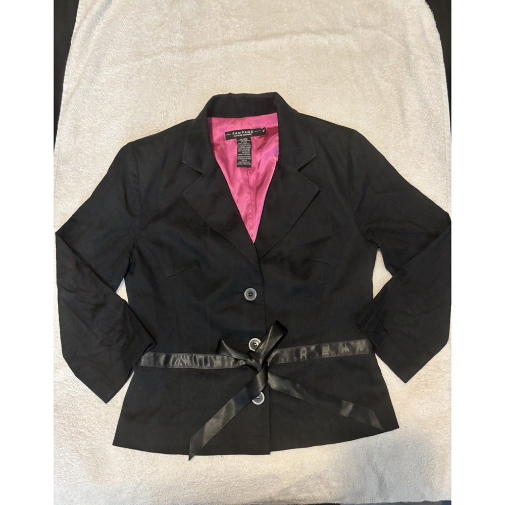 Vintage Rampage Blazer Jacket Black Size M Ribbon Ties Pink Lining Y2K